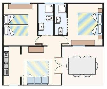 Appartamento con due camere, cucina, soggiorno e due bagni.